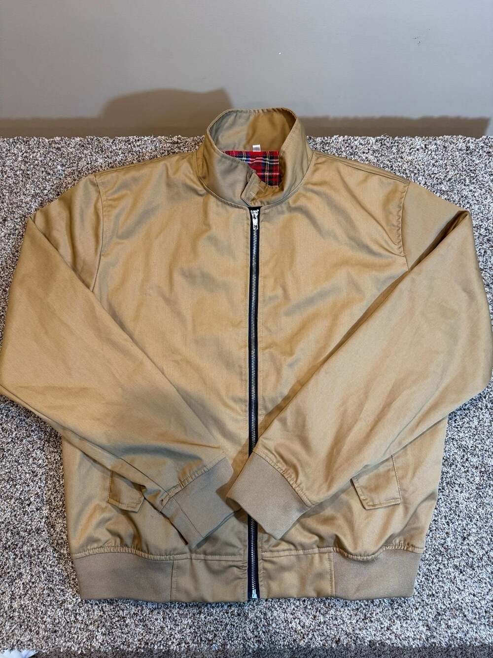 Camel Tan Harrington Jacket with Tartan Plaid Lining Size L